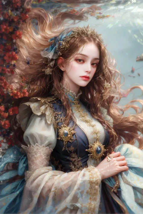 (absurdres, highres, ultra detailed), 1girl, solo, mature, (long hair), Baroque, dress, long sleeve, elegant, holy, colorful, highest detailed, portrait, close up, underwater, floating hair, flower