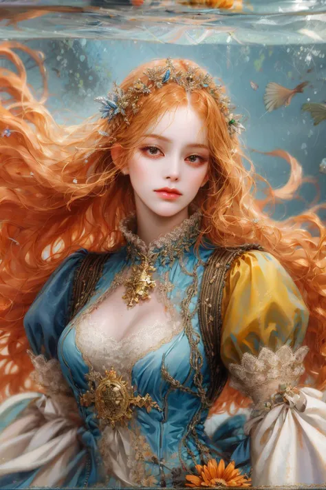 (absurdres, highres, ultra detailed), 1girl, solo, mature, (long orange hair), Baroque, dress, long sleeve, elegant, holy, colorful, highest detailed, portrait, close up, underwater, floating hair, flower