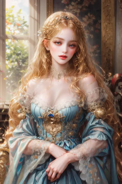 (absurdres, highres, ultra detailed), 1girl, solo, mature, (very long hair, blonde hair), Baroque, long dress, long sleeve, elegant, colorful, highest detailed, upper body