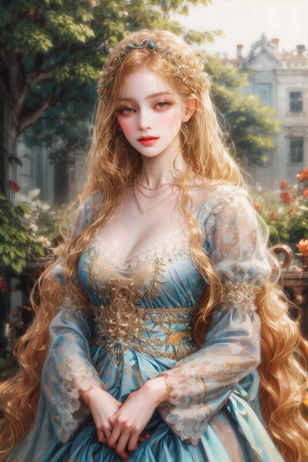 (absurdres, highres, ultra detailed), 1girl, solo, mature, (very long hair, blonde hair), Baroque, Necklace, long dress, long sleeve, elegant, colorful, highest detailed, upper body, outdoors, garden
