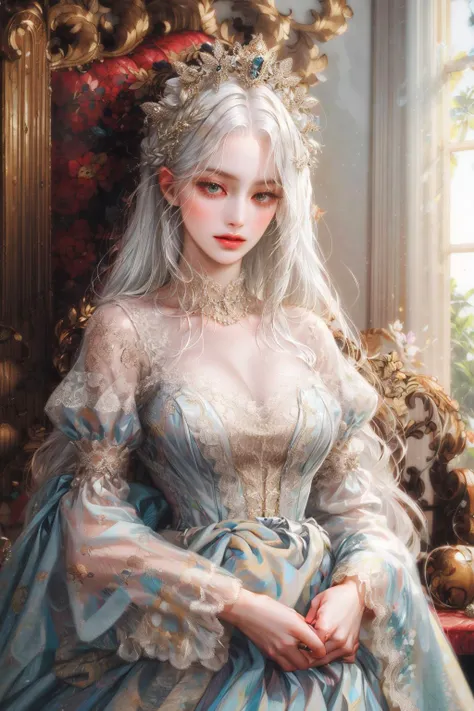 (absurdres, highres, ultra detailed), 1girl, solo, mature, (very long hair, white hair), Baroque, long dress, long sleeve, elegant, colorful, highest detailed, upper body