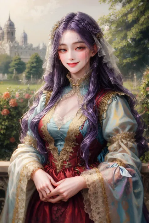 (absurdres, highres, ultra detailed), 1girl, solo, mature, (very long hair, purple hair), Baroque, long dress, long sleeve, elegant, colorful, highest detailed, upper body, outdoors, garden, smile, closed mouth