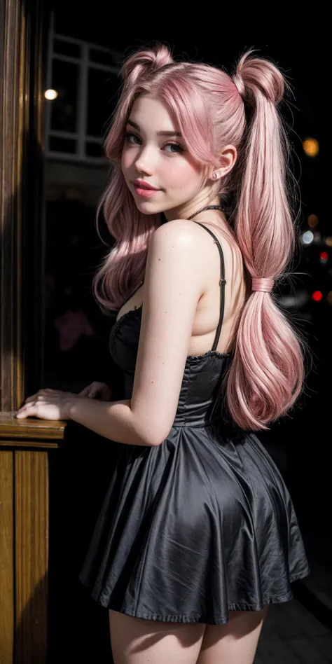(Alice Delish:1), smile, (pink hair:1.2), pigtails, black dress, frills, BREAK (masterpiece), (extremely intricate:1.3), (realistic), professional photograph, film grain, <lora:LowRA:0.3> <lora:more_details:0.9>