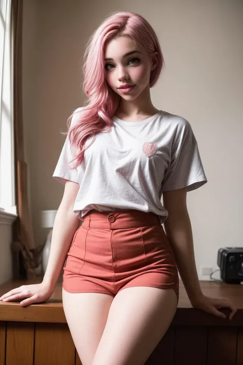 design, interrior, interriordesign (Alice Delish:1.0), (pink hair:1.3), very long hair, wide hips, thighs, (white t-shirt, very long t-shirt), indoors, BREAK (masterpiece), (extremely intricate:1.3), (realistic), professional photograph, film grain, soft diffused light, <lora:more_details:0.7>