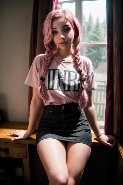 design, interrior, interriordesign (Alice Delish:1.0), (pink hair:1.3), twin braids, wide hips, miniskirt, shirt tug, indoors, BREAK (masterpiece), (extremely intricate:1.3), (realistic), professional photograph, film grain, soft diffused light, <lora:more_details:0.7>