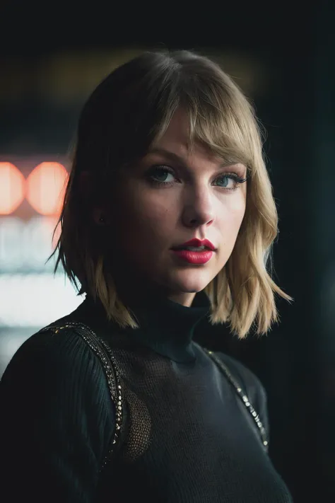 A stunning intricate full color portrait of taylorSw1 , wearing a black turtleneck,  red lipstick, epic character composition, by ilya kuvshinov, alessio albi, nina masic, sharp focus, natural lighting, subsurface scattering, f2, 35mm