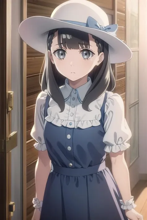 yuzukishiraishi, <lora:yuzuki shiraishi anime s1-lora-nochekaiser:1>,
yuzuki shiraishi, long hair, bangs, black hair, braid, (grey eyes:1.5),
BREAK hat, dress, bow, short sleeves, puffy sleeves, blue dress, white headwear, hat bow, sun hat,
BREAK outdoors,
BREAK looking at viewer, (cowboy shot:1.5),
BREAK <lyco:GoodHands-beta2:1>, (masterpiece:1.2), best quality, high resolution, unity 8k wallpaper, (illustration:0.8), (beautiful detailed eyes:1.6), extremely detailed face, perfect lighting, extremely detailed CG, (perfect hands, perfect anatomy),