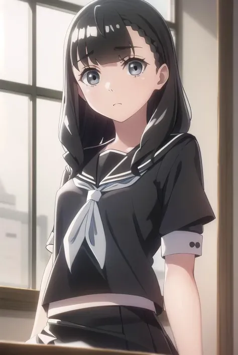 yuzukishiraishi, <lora:yuzuki shiraishi anime s1-lora-nochekaiser:1>,
yuzuki shiraishi, long hair, bangs, black hair, braid, (grey eyes:1.5),
BREAK school uniform, serafuku, sailor collar, neckerchief, (black serafuku:1.5), white neckerchief, (black skirt:1.5), (black shirt:1.5),
BREAK indoors, classroom
BREAK looking at viewer, (cowboy shot:1.5),
BREAK <lyco:GoodHands-beta2:1>, (masterpiece:1.2), best quality, high resolution, unity 8k wallpaper, (illustration:0.8), (beautiful detailed eyes:1.6), extremely detailed face, perfect lighting, extremely detailed CG, (perfect hands, perfect anatomy),