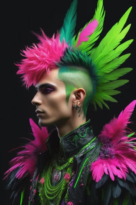 a 1990s elven goth prince with wings, neon green and neon pink mohawk_(hair_style), teased hair, slim face, large eyes, thin lips, beautiful, full body pose, covered in neon green and neon pink flowers and feathers, highly detailed, psychedelic realism, dark moody colors, fantasy, surreal, octane render