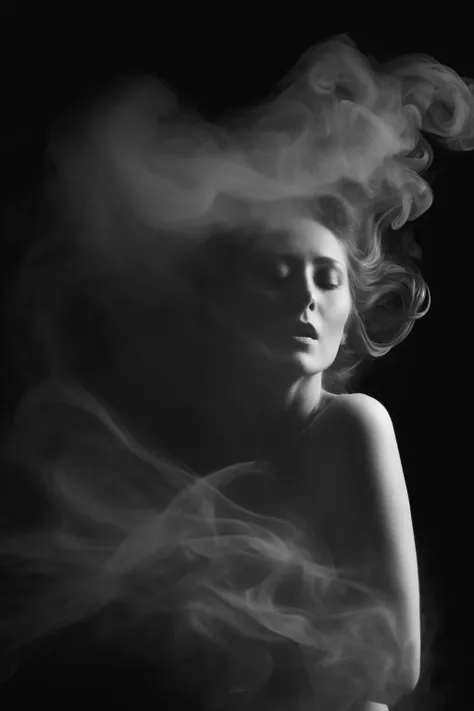 (chalkdust:1.2) Realistic photograph of a woman, face obscured by a curtain of smoke forming her hair, dark background, (smoke tendrils:1.3) curling and twisting in slow, (dancing:1.2) motions, (stark contrast:1.1) between the woman's form and the darkness, (monochrome:1.2) (high contrast:1.1) (fine detail:1.3) (high resolution:1.2)