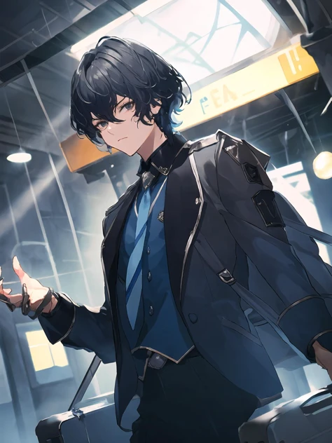 masterpiece,best quality,highres,cinematic lighting,dramatic angle,1boy,<lora:ShadowverseLyelthV3-000030:0.8:lbw=jiangshi3>,black hair,black eyes,black suit,blue jacket,necktie,looking at viewer,expressionless,fingernails,,dynamic angle,depth of field,walking,claws,suitcase,train station,incoming strain,headlight,crowd,blurry background,protrait,close-up