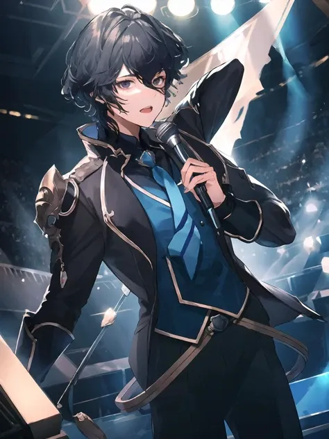 masterpiece,best quality,highres,cinematic lighting,dramatic angle,<lora:ShadowverseLyelthV3-000030:0.8:lbw=jiangshi3>,1boy,black suit,blue shirt,necktie,black hair,black eyes,armor,looking at viewer,holding microphone,singing,dancing,on stage,highlights,portrait,close-up,happy