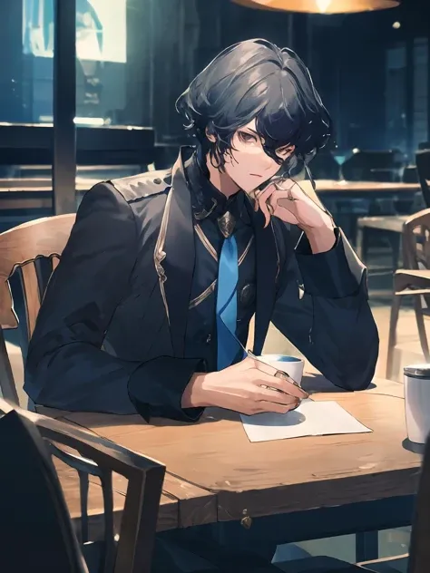 masterpiece,best quality,highres,cinematic lighting,dramatic angle,<lora:ShadowverseLyelthV3-000030:0.8:lbw=jiangshi3> ,1boy,black hair,black eyes,black suit,necktie,belt,looking at viewer,holding coffee cup,drinking,sitting across table,table,depth of field,indoors,portrait,close-up