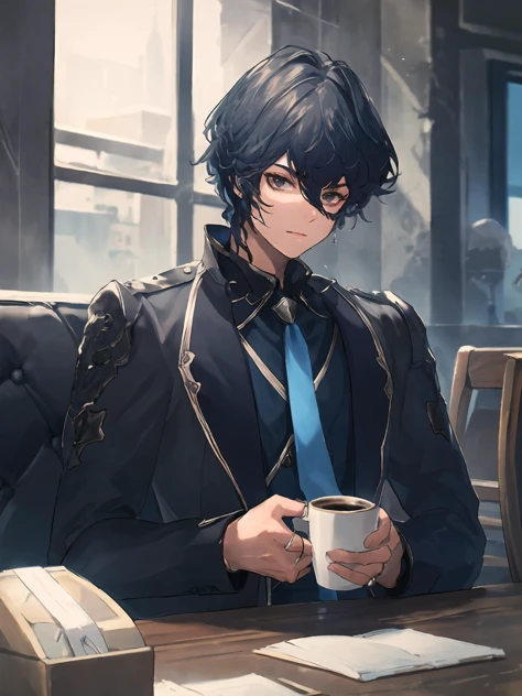 masterpiece,best quality,highres,cinematic lighting,dramatic angle,<lora:ShadowverseLyelthV3-000030:0.8:lbw=jiangshi3> ,1boy,black hair,black eyes,black suit,necktie,belt,looking at viewer,holding coffee cup,drinking,sitting across table,table,depth of field,indoors,portrait,close-up