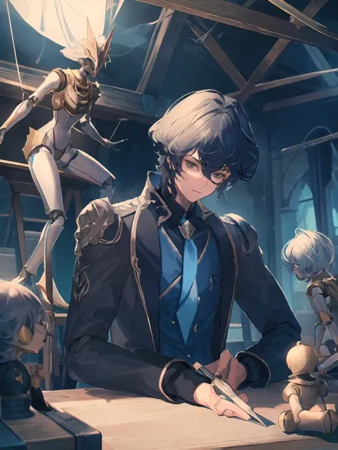 masterpiece,best quality,highres,cinematic lighting,dramatic angle,<lora:ShadowverseLyelthV3-000030:0.8>,1boy,black suit,blue shirt,necktie,black hair,black eyes,armor,looking at viewer,workshop,adjusting dolls on table,marinoette on table,doll on table,toy on table,parts,string,sitting,desk,holding carpentry tools,across table,portrait,close-up,glowing,marionette with white hair and mask