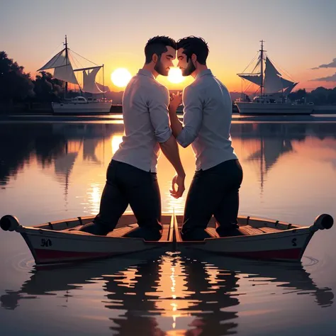 <lora:octans-PYNOISE-LOHA:1> night star,inverted reflection in water, flowers, digital art, trending on artstation, two 3 0 - year - old men embracing looking at the sunset from the bow of a sailboat