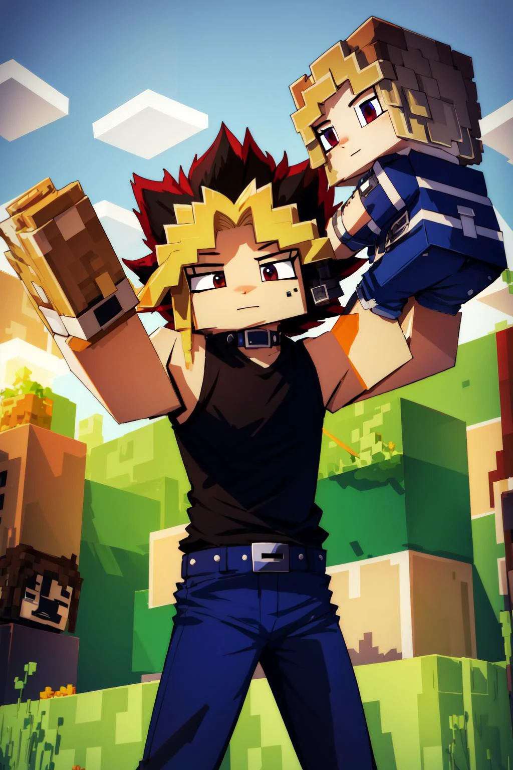 (masterpiece, best quality), intricate details, 8k, artstation, wallpaper, official art, splash art, sharp focus,
<lora:mcnsfw_3597:0.8> mcnsfw, square head, minecraft, blocky, 1boy, <lora:yugiMuto_v10:0.8> yugi muto, black hair, jacket on shoulders, sleeveless shirt, blue pants,