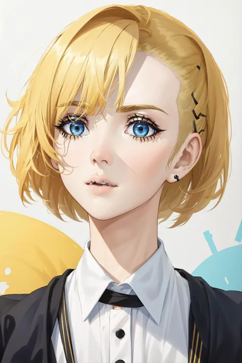 anime girl with blonde hair and blue eyes wearing a black jacket