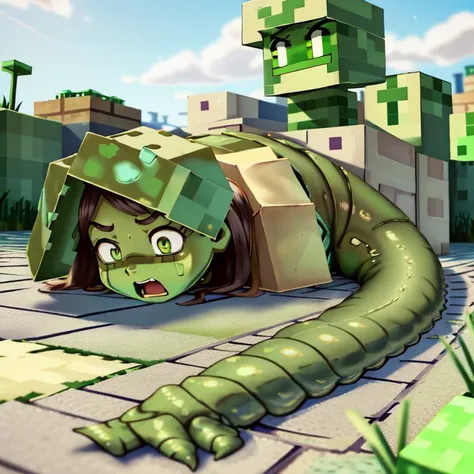 <lora:sluggirl:1> sluggirl, 1girl lying on the pavement soaking in the sun, shocked face, horrified, afraid <lora:M1necr4ft2CIVIT:1> M1necr4ft,