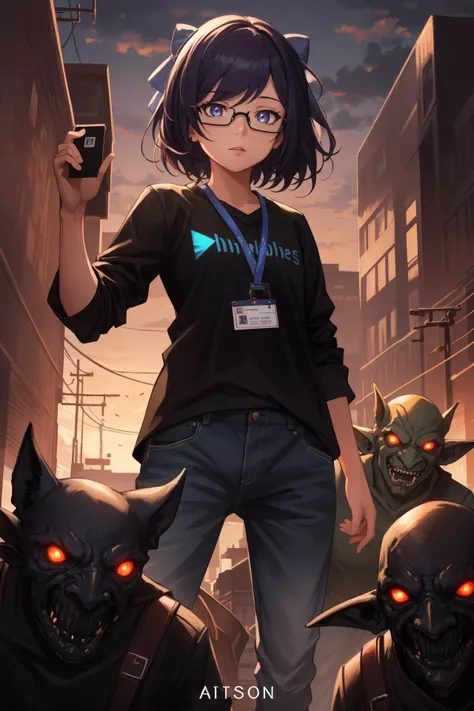 (masterpiece, best quality), intricate details, 8k, artstation, wallpaper, official art, splash art, sharp focus,
1girl, <lora:aChanHololiveLogo_v2:0.8> a-chan, black shirt, logo, id card,
<lora:goblin_v0.1a:0.8> goblin, monster, glowing eyes, horror \(theme\)