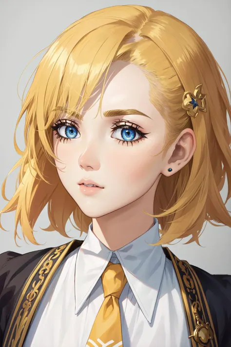 anime girl with blonde hair and blue eyes wearing a yellow tie