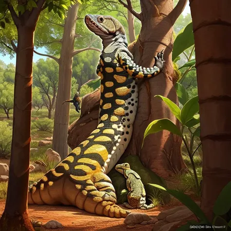 gila monster, <lora:landscapes-6-2023-04-27-120356-6faaedf2:1> booscapes, leather, nature, armory, tree