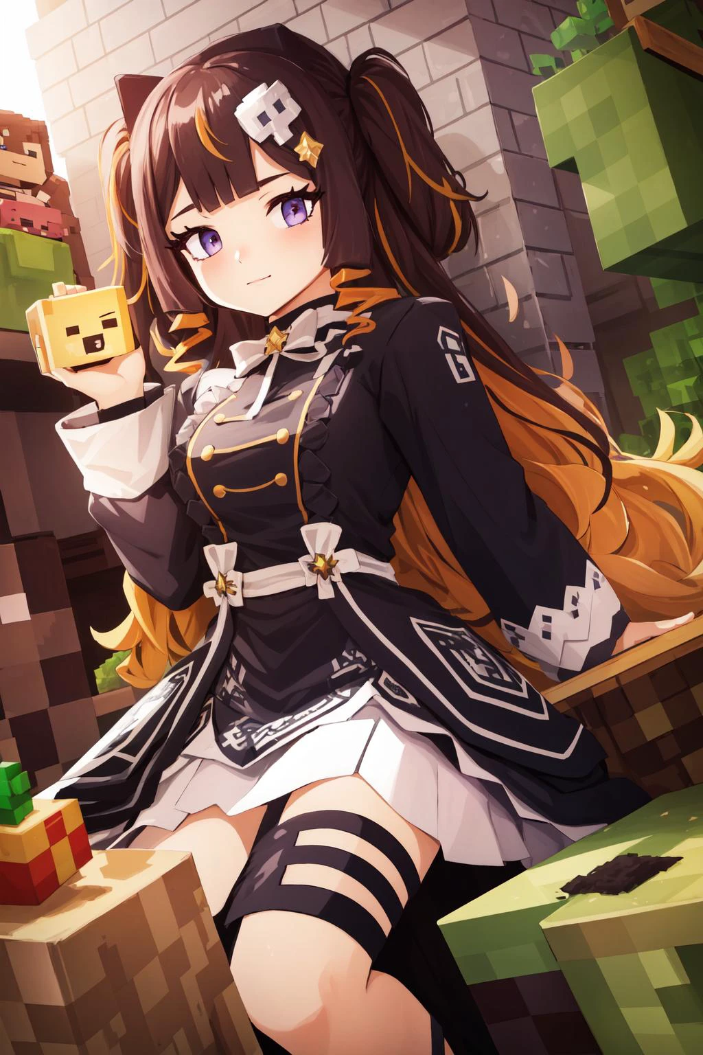 (masterpiece, best quality), intricate details, 8k, artstation, wallpaper, official art, splash art, sharp focus,
1girl,
<lora:mcnsfw_3597:0.8> mcnsfw, square head, minecraft, blocky, <lora:anyaMelfissaHololive_v1:0.8> anya melfissa, very long hair, hair ornament, black dress,