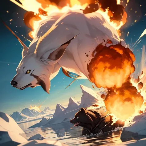 <lora:Blow It Up :1> Explosion Artstyle, floating island, animal milking, wolverine