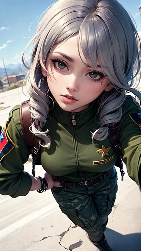 an awarded profesional photography of 1girl skind , beautiful dark brown eyes, dutch fishtail braid curly hair silver with sweatband with bangle Female Kurdish Fighter in the Turkish-PKK conflict: Wearing used olive-drab or camouflage uniforms, wearing well-worn headscarf or helmet, flag patch of the Kurdistan Workers' Party, with brown hair styled short and messy, complemented by intense green eyes in an epic Kurdish landscape. with facial expresion sleepy,she make Hand on the hip, one leg forward pose badge in a field, in winter by William Klein Silhouette Lighting,(epic scene:1.3),ultradetialed character with perfect face,detailed skin,(ultrasharp:1.3),(masterpiece:1.1),best quality AS-YoungV2,(photorealistic:1.2),ultrarealistic,realistic ultradetailed character,4k perfect quality,Dolly zoom<lyco:GoodHands-beta2:1>Magnificent,Imperceptible detail,Intricately designed, (perfect quality face:1.5) hyper-detailed complex, very intricate details, insanely detailed