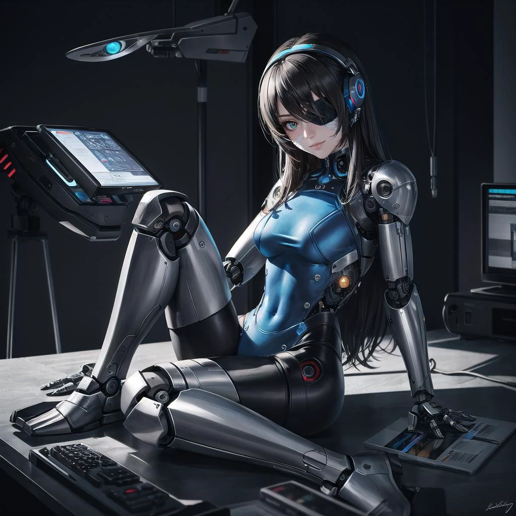 (1girl, robot cyborg:1.3), extreme detailed,colorful,highest detailed,absurdres, highres, ultra detailed, evil smile, ( medium breasts, solo:1.1), BREAK sitting on hospital bed, brown hair, green eyes, (robot bodysuit, plastic metal skin:1.4) prosthetic legs, (bandages, bandaged arms, bandaged legs, bandaged, eyepatch:1.5) BREAK white room room background, detailed medical equipment, ekg machine <lora:LowRa:0.6> LED readout, lit by LEDs