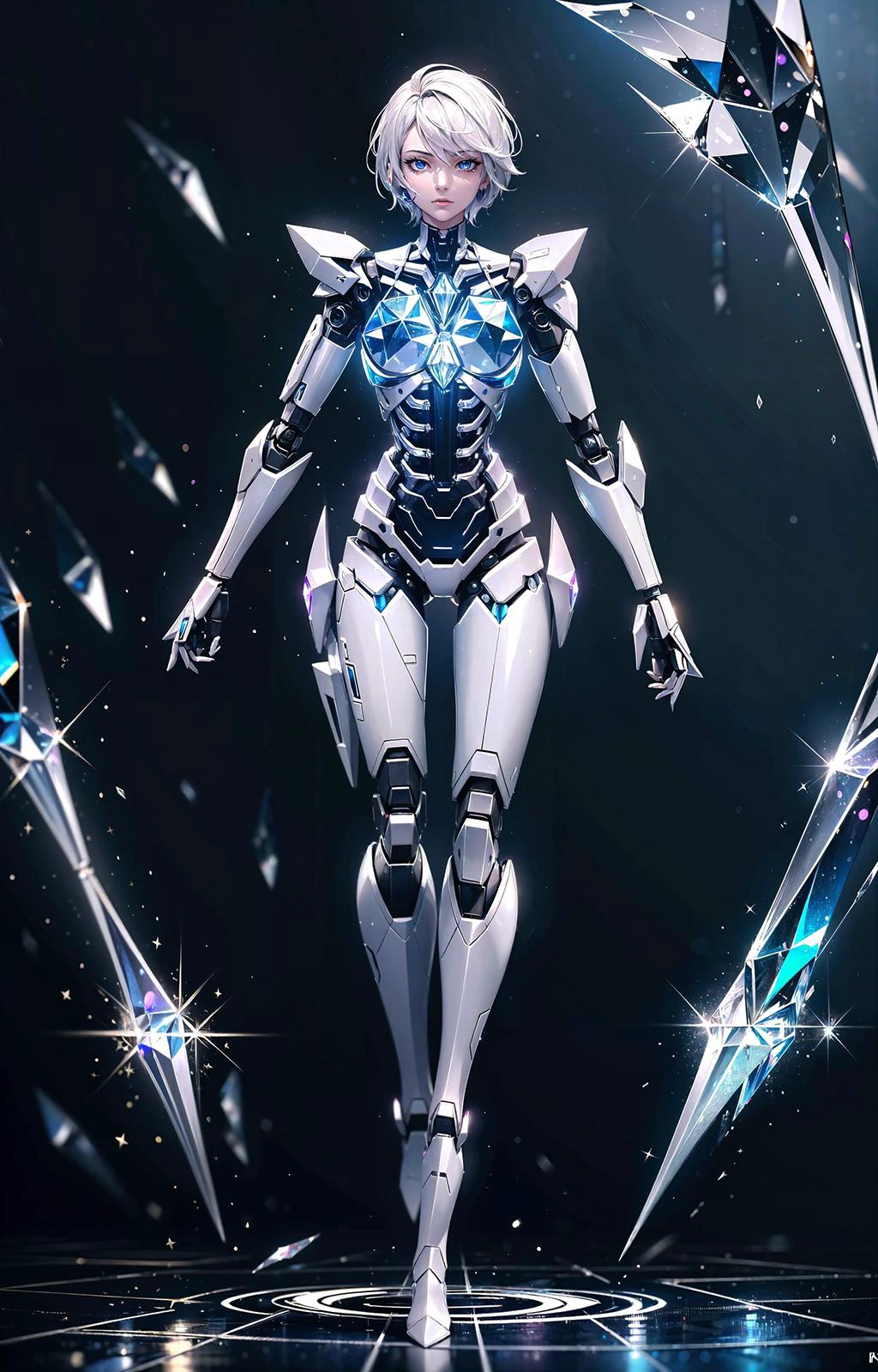 nsfw (masterpiece, top quality, best quality, official art, beautiful and aesthetic:1.2), extreme detailed,colorful,highest detailed,absurdres, highres, ultra detailed, (bionic legs), (1 girl), standing pose, reflection, bionic feet, better hands, better feet, (plastic robot skin), white tiger, cozy, night, lights, neon signs, white short hair, glowing eyes, city, cyberpunk, neon, (glowing crystal mechanical ribcage, (crystal ribcage transparent)) <lora:bodyHorrorCreatures_v10:0.2> crystallineAI, <lora:crystallineai_v10:0.5>