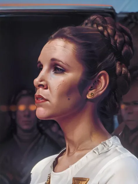 1982 a woman as Leia_Organa in gold and purple metal bikini <lora:Leia_Organa-000010:0.7> Leia_Organa posing supermodel, nude, modeling in space nudist ,realistic detailed skin with pours, modeling shoot, alluring, huge breasts , year 1982, ,detailed, dynamic modeling pose , Golden hour, magic hour, dramatic lighting, clouds, sci-fi gun, sunset, urban, rim lights, hair light, reflection, ,raytraced, subsurface scattering ,Detailed, sharp focus, depth of field, brown hair, brown eyes, , digital photo by return of the jedi