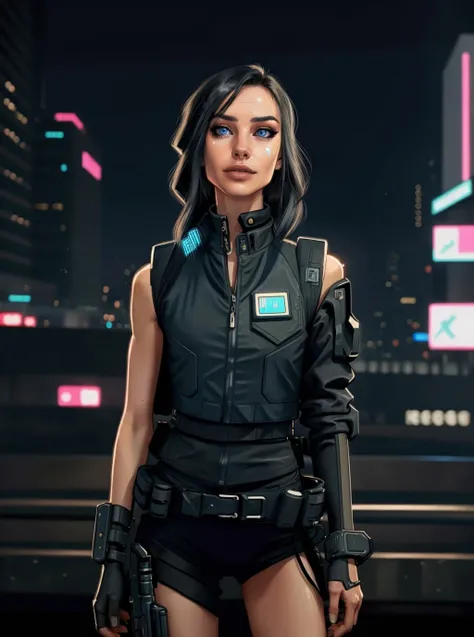((cinematic:1.4)), ((upper body shot:1.6)), ((masterpiece, best quality, highres, absurdres)), a high resolution RAW photo of ((a young beautiful gorgeous Caucasian KarahWrightAI 1girl woman )), BREAK ((black hair:1.3)), ((Blue eyes:1.2)), beautiful makeup, ((Dark eyeliner:1.2)), stunning eyes, beautiful iris, best eyes, perfect eyes, highly detailed, BREAK ((As a cyberpunk military soldier, tactical uniform, cyberpunk jacket, tactical vest:1.4)), BREAK ((athletic, petite)), BREAK ((high detailed skin:1.2)), skin pores, BREAK ((best eyes, perfect eyes, detailed eyes:1.2)), BREAK ((petite, slender:1.4)), BREAK ((posing for a photo, sexy female pose)), BREAK ((in a cyberpunk city, neon lights, futuristic cars and city buildings in background:1.4)), atmospheric, 8k, realistic lighting, highly detailed, intricate detail, photorealistic, photorealism, ((hyper detail, ultra detailed skin, skin pores, subsurface scattering:1.4)), perfect scene composition, photographic perfection, by expert, photography masterpiece, unique and dynamic camera angle, 8k uhd, dslr, ultra quality, full sharp, Fujifilm XT3, crystal clear, fuji film, film grain, <lora:KarahWrightAI:0.63>