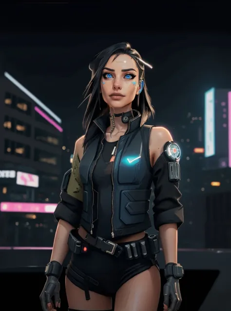 ((cinematic:1.4)), ((upper body shot:1.6)), ((masterpiece, best quality, highres, absurdres)), a high resolution RAW photo of ((a young beautiful gorgeous Caucasian KarahWrightAI 1girl woman )), BREAK ((black hair:1.3)), ((Blue eyes:1.2)), beautiful makeup, ((Dark eyeliner:1.2)), stunning eyes, beautiful iris, best eyes, perfect eyes, highly detailed, BREAK ((As a cyberpunk military soldier, tactical uniform, cyberpunk jacket, tactical vest:1.4)), BREAK ((athletic, petite)), BREAK ((high detailed skin:1.2)), skin pores, BREAK ((best eyes, perfect eyes, detailed eyes:1.2)), BREAK ((petite, slender:1.4)), BREAK ((posing for a photo, sexy female pose)), BREAK ((in a cyberpunk city, neon lights, futuristic cars and city buildings in background:1.4)), atmospheric, 8k, realistic lighting, highly detailed, intricate detail, photorealistic, photorealism, ((hyper detail, ultra detailed skin, skin pores, subsurface scattering:1.4)), perfect scene composition, photographic perfection, by expert, photography masterpiece, unique and dynamic camera angle, 8k uhd, dslr, ultra quality, full sharp, Fujifilm XT3, crystal clear, fuji film, film grain, <lora:KarahWrightAI:0.63>