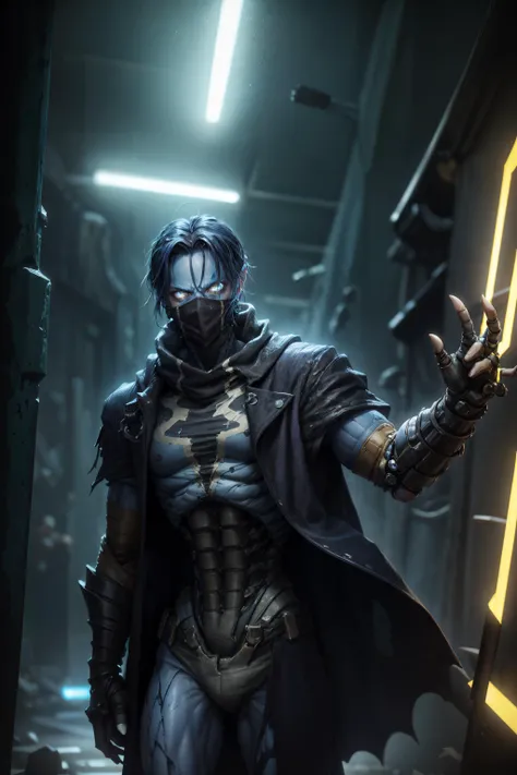 (Cinematic Photo:1.3), (Ultra detailed:1.3) photo of (perfect (cyborg:1)), detailed face, (epic realistic, hdr, intricate details, hyperrealistic, cinematic), detailed, (photo realistic, dramatic, sharp focus, 8k), (highly detailed:1.4), sharp focus, (detailed cyberpunk outfit:1.2), (detailed cyborg:1.2), (detailed cyberpunk background:1.2), (cyborg clothing parts:1.2), (extreme detailed robotic mechanical arm:1.3), (cyborg parts:1.2), wearing a black (cyberpunk trench coat:1.2), soul reaver, glowing parts, chrome parts, holding the soul reaver , wearing neck gaiter, <lora:raziel:0.5>