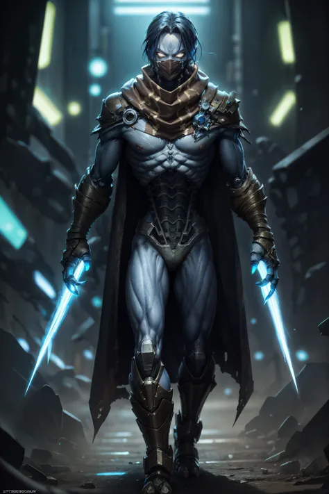 (Cinematic Photo:1.3), (Ultra detailed:1.3) photo of (perfect (cyborg:1)), detailed face, (epic realistic, hdr, intricate details, hyperrealistic, cinematic), detailed, (photo realistic, dramatic, sharp focus, 8k), (highly detailed:1.4), sharp focus, (detailed cyberpunk outfit:1.2), (detailed cyborg:1.2), (detailed cyberpunk background:1.2), (cyborg clothing parts:1.2), (extreme detailed robotic mechanical arm:1.3), (cyborg parts:1.2), wearing a black (cyberpunk trench coat:1.2), soul reaver, glowing parts, (chrome parts:1.2), (holding the soul reaver:1.2), wearing neck gaiter, <lora:raziel:0.5>