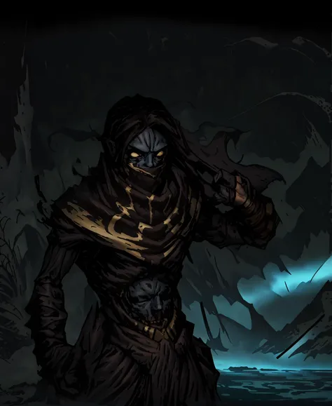 Masterpiece, illustration, best quality, 1boy, standing in the Ruins, pose, <lora:DarkestDungeonV2:0.89>, ddstyle, (portrait, upper body:1.2)<lora:razielSoulReaver_v10:0.75>, raziel, wearing neck gaiter, white gloving eyes, black hair,