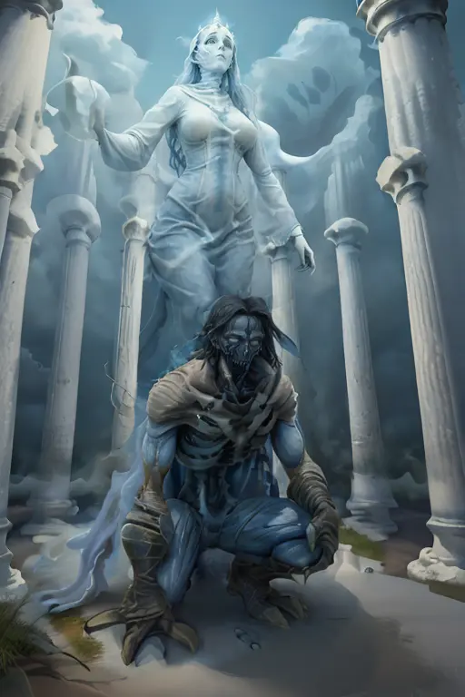 photo realistic illustration of raziel (crouched:1.2) in front of a (female ghost :1.5) in a field with (tall pillars up to the sky:1.6) , dark fantasy style, ,high res, (detailed image:1), insane details, soft, (realistic:1), (photorealistic, photo-realistic:1), full color, (3d:1), (highly detailed:1.2), masterpiece, 8k uhd, <lora:raziel3:0.8>