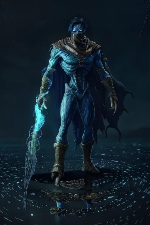 photo realistic illustration of raziel holding the soul reaver , wearing neck gaiter, (standing in a puddle:1.4) at night , (raining:1.2), (storm:1.3), wet, water reflections , epic lighting, cinematic lighting, dark fantasy style , high res, (detailed image:1), insane details, soft, (realistic:1), full color, (3d:1), (highly detailed:1.2), masterpiece, 8k uhd, digital art, trending on artstation <lora:raziel3:0.7> <lora:epiNoiseoffset_v2:1>