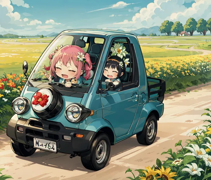 masterpiece,best quality,midget2,
(2girls,chibi:1.5),giggling,happy,closed eyes,open mouth,flower crown,riding car,
flower field,dirt road,idyllic,
 <lyco:Midget2_v10-000005:0.8>