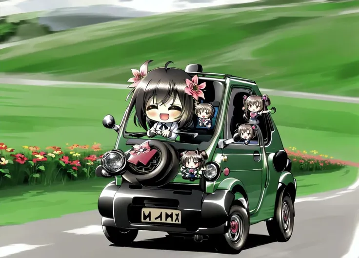 masterpiece,best quality,midget2, (2girls,chibi:1.5),giggling,happy,closed eyes,open mouth,flower crown,riding car, flower field,dirt road,idyllic, she is driving, dynamic pose, Slow Motion,motion blur
<lora:Midget2_v10:1>