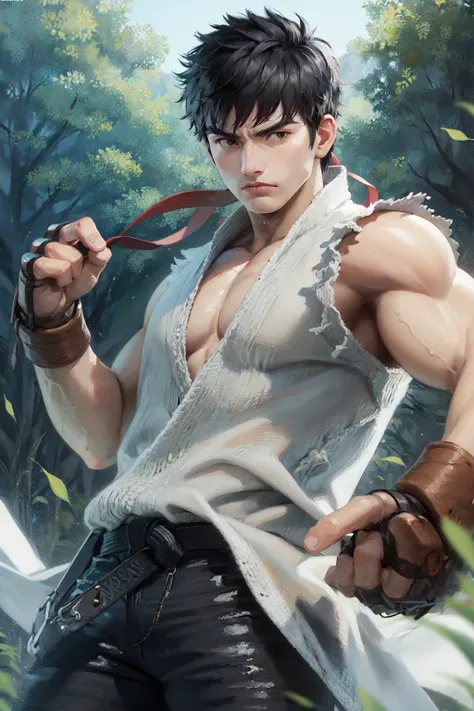 (masterpiece, best quality:1.2), <lora:streetfighter_ryu-10:1>, cowboy shot, solo, male focus, 1boy, ryu \(sf\), serious, closed mouth, looking at viewer, black hair, dougi, fingerless gloves