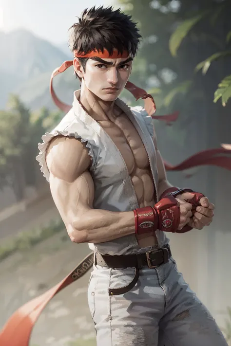 (masterpiece, best quality:1.2), <lora:streetfighter_ryu-10:1>, cowboy shot, solo, male focus, 1boy, ryu \(sf\), serious, closed mouth, looking at viewer, black hair, headband, dougi, white pants, fingerless gloves