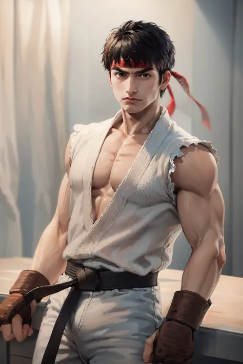 (masterpiece, best quality:1.2), <lora:streetfighter_ryu-10:1>, cowboy shot, solo, male focus, 1boy, ryu \(sf\), serious, closed mouth, looking at viewer, black hair, headband, dougi, white pants, fingerless gloves