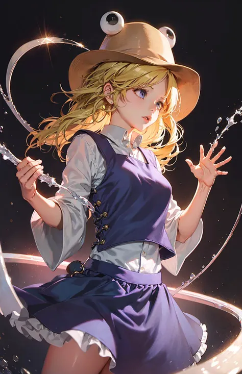 1girl, hat,blonde hair, white shirt,purple skirt,<lora:suwako:0.8>,Dynamic pose,,holding,looking down,