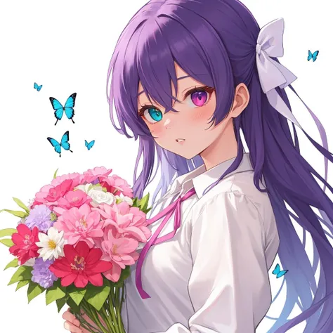 taya, 1girl, matou sakura, bug, butterfly, purple hair, solo, flower, purple eyes, long hair, ribbon, hair ribbon, looking at viewer, blue butterfly, holding, white background, bangs, heterochromia, blush, upper body, hair between eyes, shirt, bouquet, holding flower, parted lips, white shirt, pink ribbon, simple background, masterpiece, best quality,