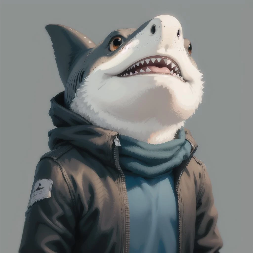 anthropomorphic shark, solo, (simple background:1.3), upper body, best quality, masterpiece, <lora:Anthro_Tanktops-08:0.5>