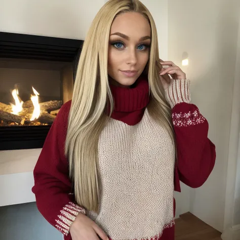 <lora:lucycat_sd15_512_128_64_v1:1> lucycat, 1girl blonde long hair, wearing a christmas sweater, christmas decoration in background, lit fireplace in background