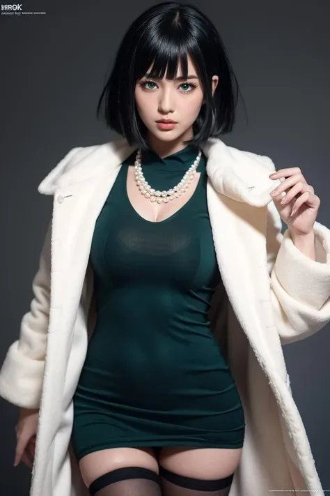 Fubuki,1girl,jewelry,dress,fubuki (one-punch man),solo,necklace,short hair,green eyes,bangs,green dress,pearl necklace,long sleeves,fur coat,blunt bangs,pantyhose,thighhighs,black pantyhose,black thighhighs,full body,bob cut,best quality,masterpiece,illustration,an extremely delicate and beautiful,CG,unity,8k wallpaper,Amazing,finely detail,masterpiece,official art,extremely detailed CG unity 8k wallpaper,incredibly absurdres,huge filesize,ultra-detailed,highres,extremely detailed,beautiful detailed girl,realistic,full frontal,<lora:Fubuki_20231102133755:0.8>,
