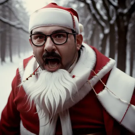 Felix, a man with black frame glasses, with a bandageon the head, dressed as santa, screaming, photography, trending on artstation, sharp focus, intricate details, highly detailed, by greg rutkowski <lora:Felix:1>